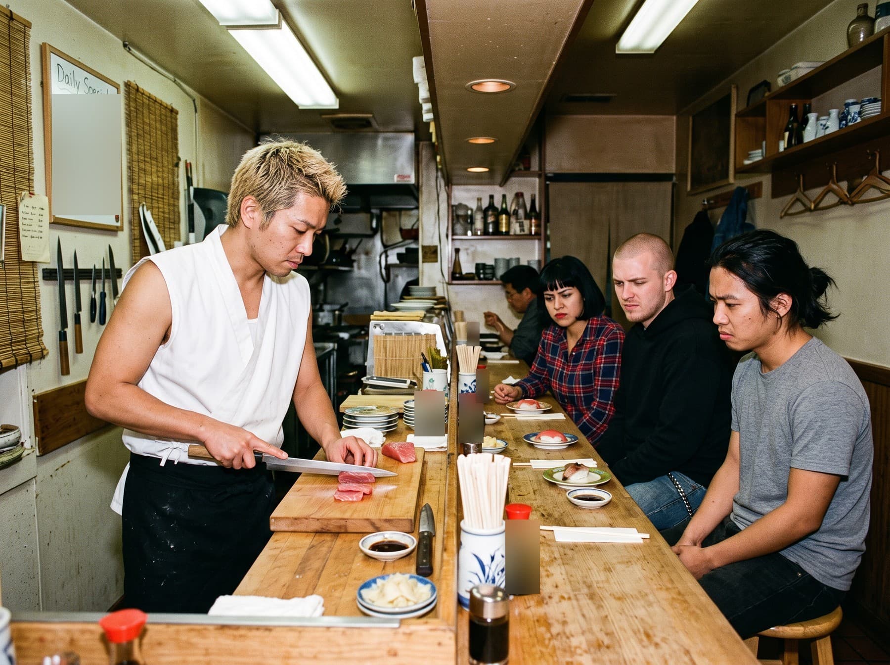 A sushi chef with bleached spiky hair slicing tuna at a narrow wooden counter while three bandmates watch from the stools, unconvinced