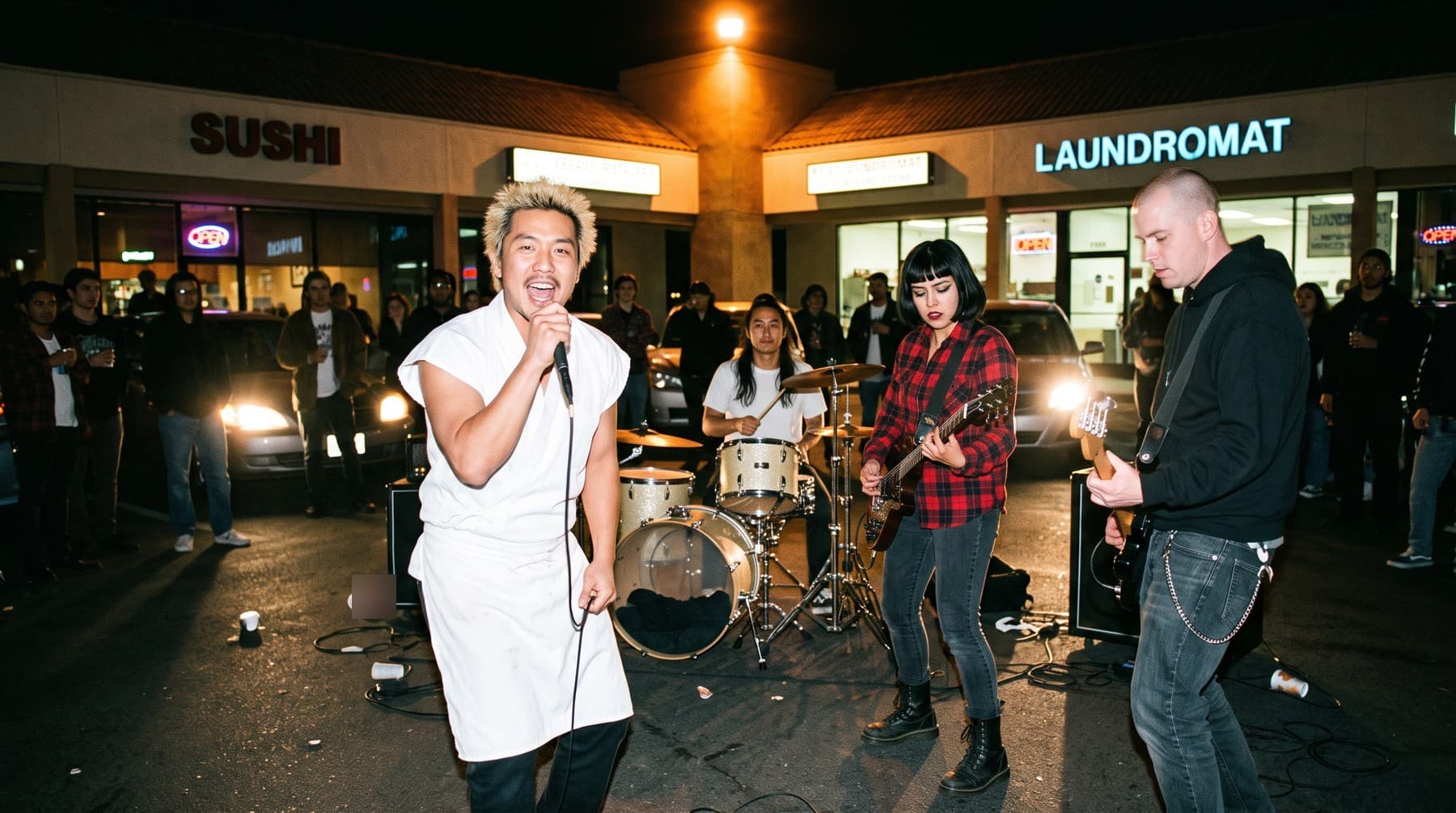 A punk band playing in a strip-mall parking lot at night under signs reading SUSHI and LAUNDROMAT; the singer wears a sleeveless white chef's coat