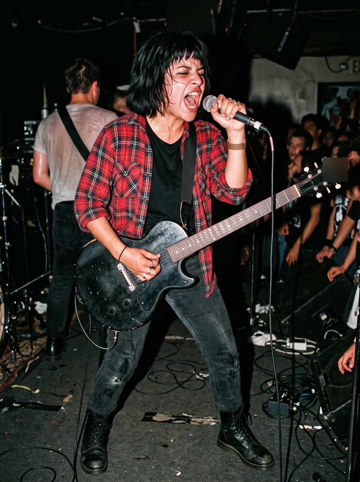 A guitarist with a black bob in a red flannel shirt and combat boots, shouting into a microphone mid-chord