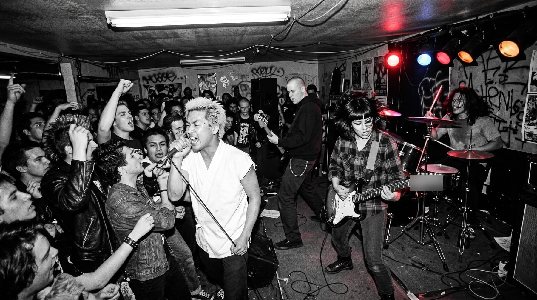 Black-and-white photograph of the band playing in a packed, graffiti-covered back room, the crowd pressed against the singer