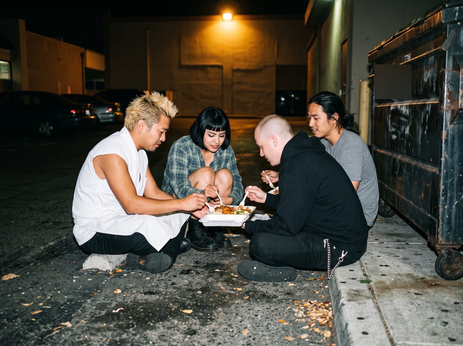 The four band members crouched on a curb beside a dumpster at night, sharing a foam takeout container with plastic forks