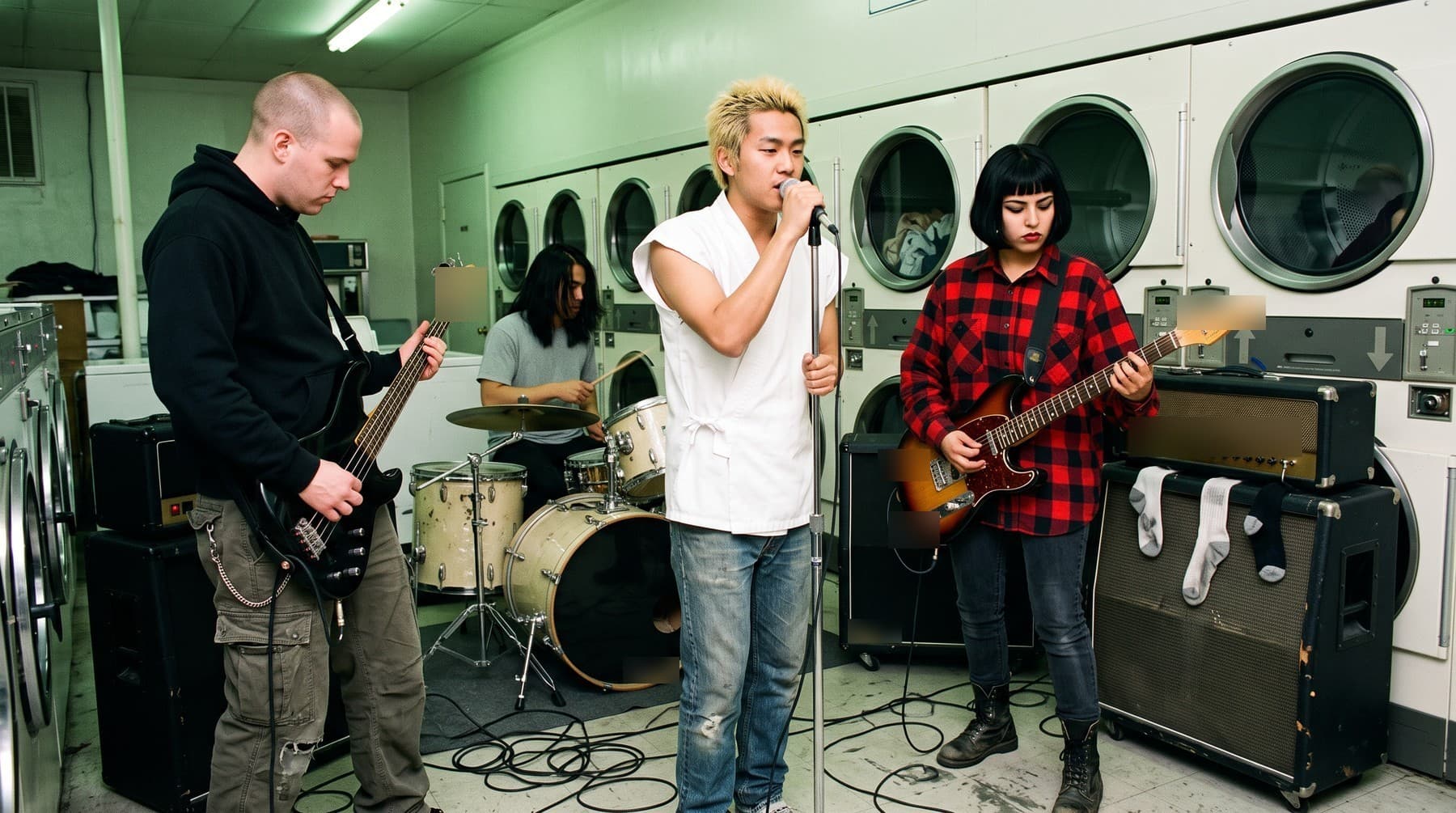 The band rehearsing among rows of commercial dryers under green fluorescent light, socks drying on top of an amplifier